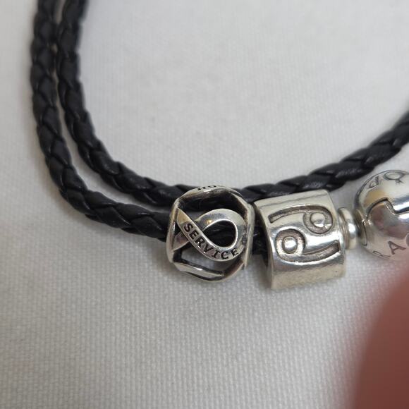 Pandora Sterling Silver Black Leather Braided Wrap Bracelet w/ 3 Charms - Picture 5 of 10